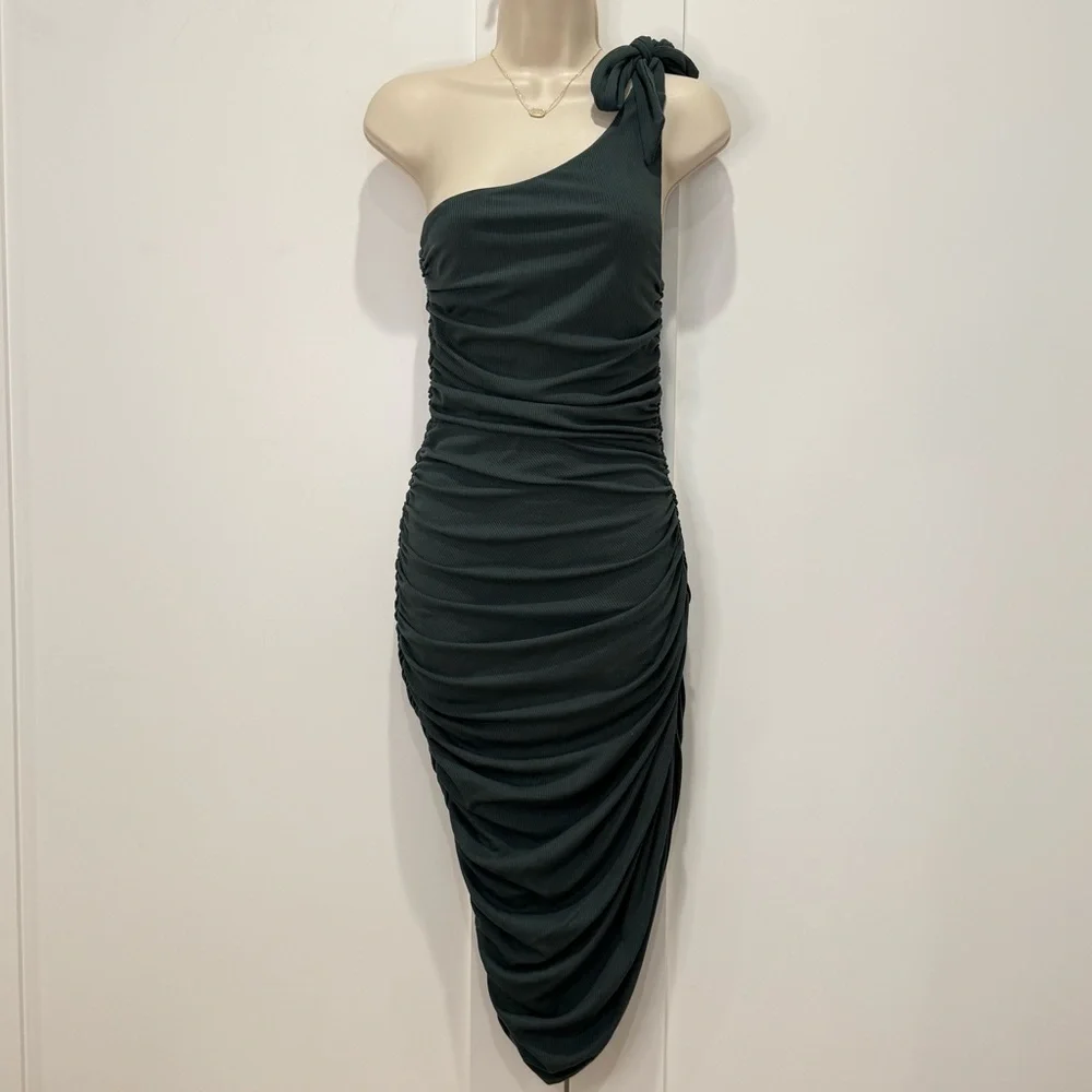Majorelle Montreal One Shoulder Midi Dress Small Green Ruched Bodycon Cocktail